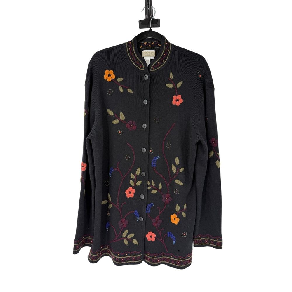 Coldwater Creek L Embroidered Floral Cardigan Ramie Fall Folk Art Cottagecore - Picture 2 of 12